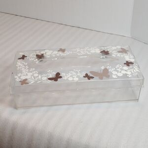 WOLF Transparent  Tissue Box with Brown and White Floral Design Vintage